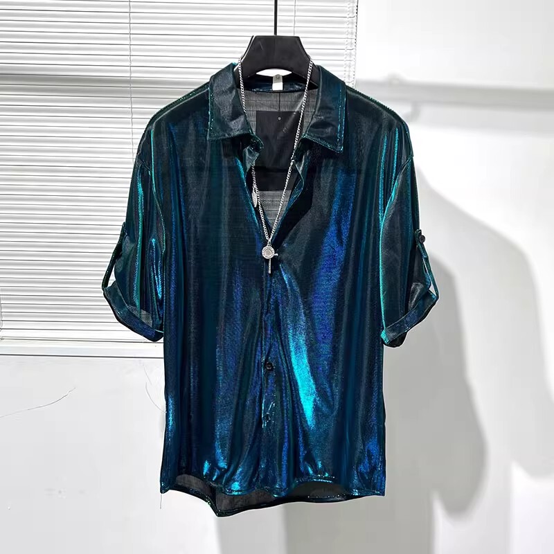 Luminous Sequin Trendy Brand Shirt Short-Sleeved Men's Summer Thin Style with a High-End Feel, Cool and Stylish Men's Fashion Shirt