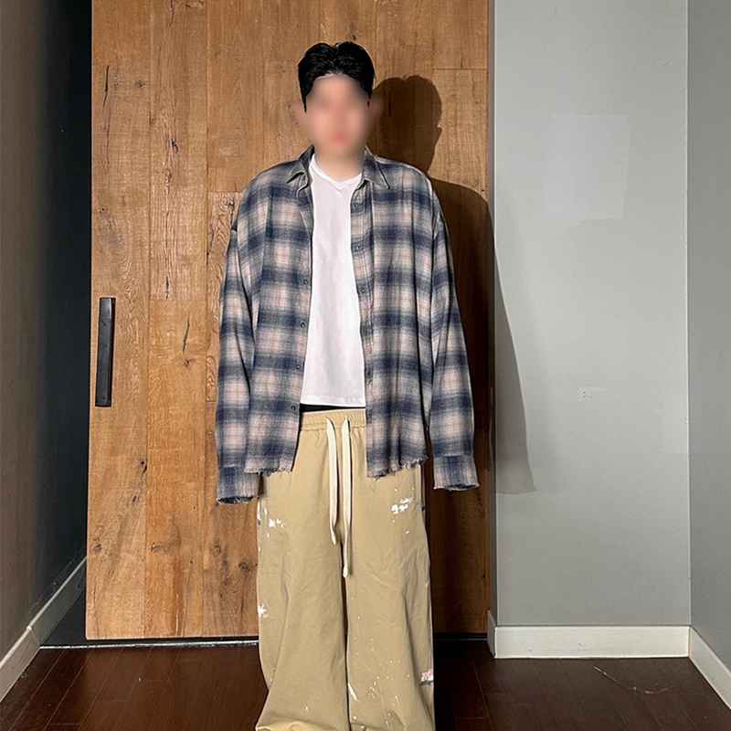Nonnod an Jae-Hyun's Same Style Fringed Plaid Shirt, Korean Niche Oversized High-End Silhouette Shirt for Men and Women Nonnod an Jae-Hyun's Same Style Fringed Plaid Shirt, Korean Niche Oversized High-End Silhouette Shirt for Men and Women