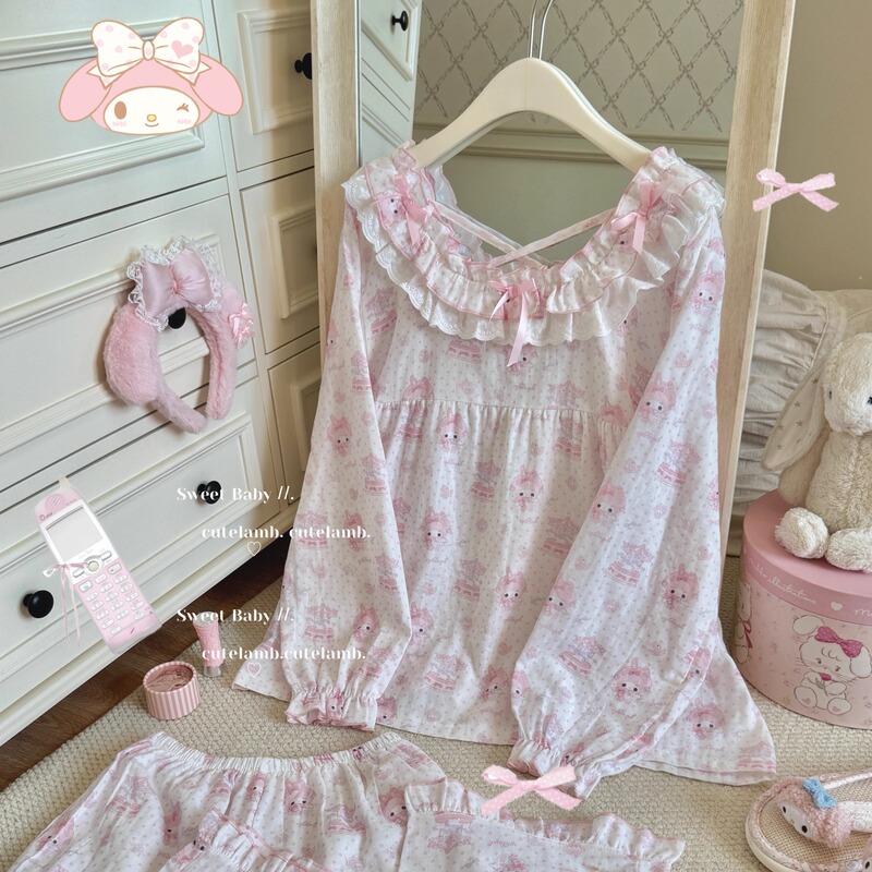 Original Model "Xiaomeiyuan Youhui" 2025 Spring/Summer Pure Desire Lace Trim Printed Babydoll Nightgown Set