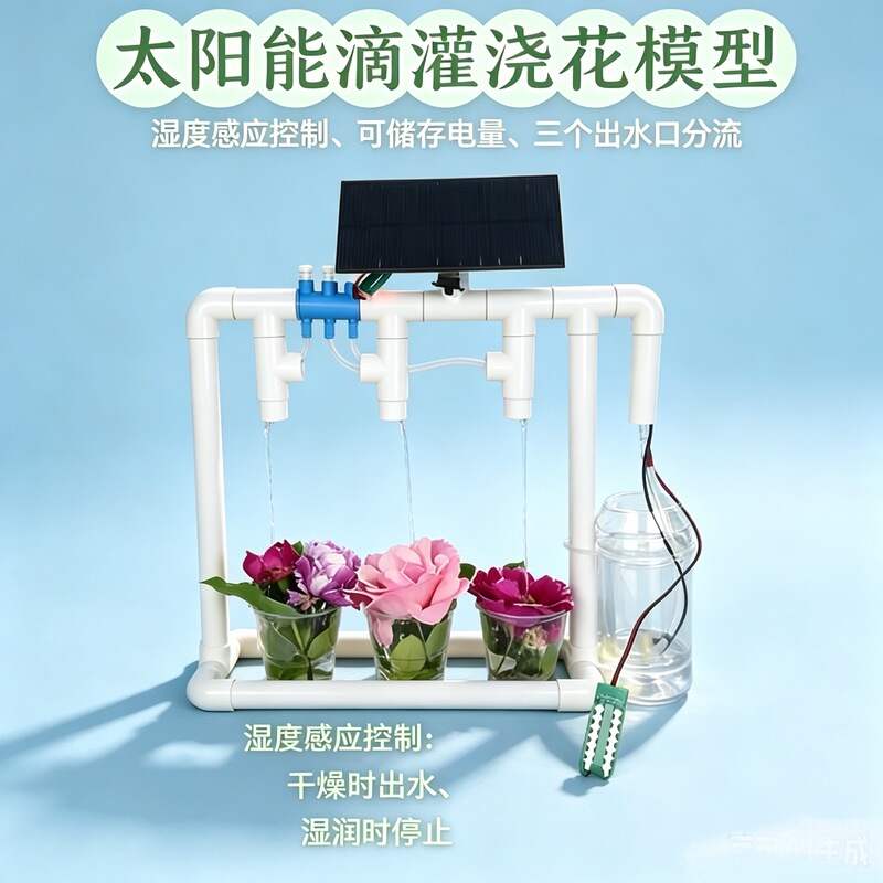 Science Experiment Small Project: Solar Humidity-Sensing Drip Irrigation Flower Watering Model, Power Storage and Diversion DIY Water-Saving Craft