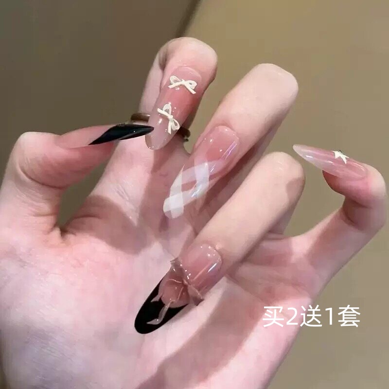 Wearable Nails in Sweet Cool Style, Black French Bow Fake Nail Patches, Gradient Cat Eye Handmade Nail Pieces Suitable for Students Wearable Nails in Sweet Cool Style, Black French Bow Fake Nail Patches, Gradient Cat Eye Handmade Nail Pieces Suitable for Students