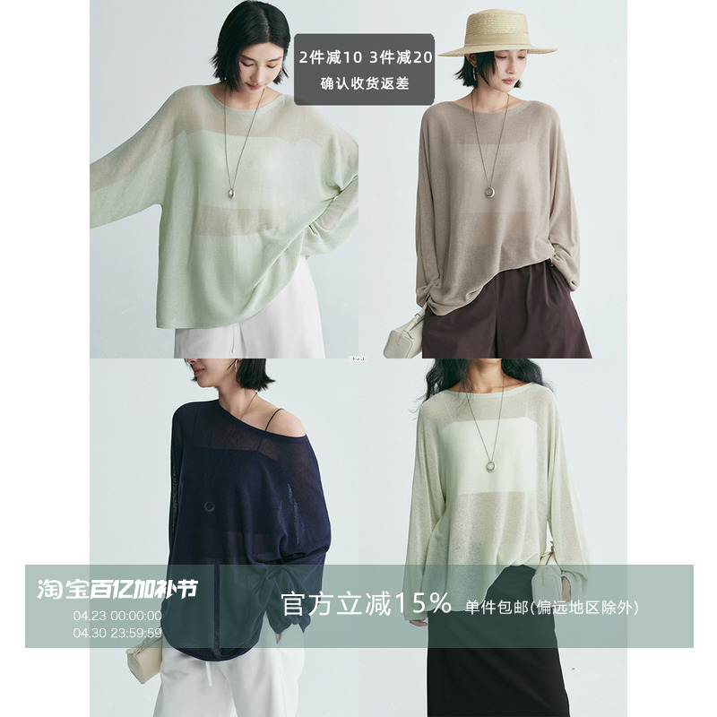 Amyy Studios Sun-Protective Lightweight Slightly Sheer Cool Linen Yarn Long-Sleeve Knit Sweater Hollow-Out Cover-Up Top