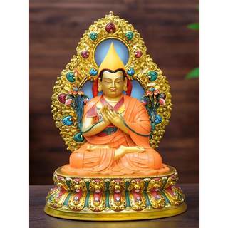 尼泊尔工艺彩绘热灼色宗喀巴大师带背光纯铜手工錾刻佛像铜雕摆件