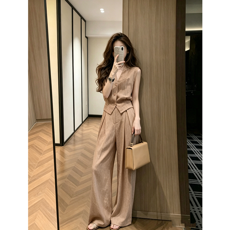Trendy Kuchiki Style Outfit 2026 New Vintage Money Style High-End Linen Sleeveless Vest Wide-Leg Pants Set Trendy Kuchiki Style Outfit 2026 New Vintage Money Style High-End Linen Sleeveless Vest Wide-Leg Pants Set