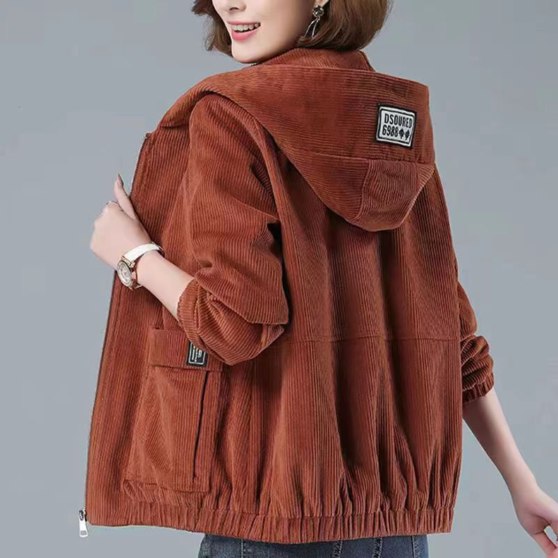Corduroy Short Jacket for Women, Autumn and Winter 2026 New Korean Style Loose Large Size Hooded Casual Middle-Aged Mom Jacket