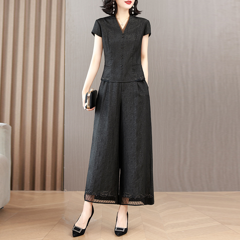 Xiangyun Silk Top and Wide-Leg Pants Two-Piece Set, Summer Fashion Silk Suit, Mulberry Silk Black Women's Short-Sleeved Mother's Outfit