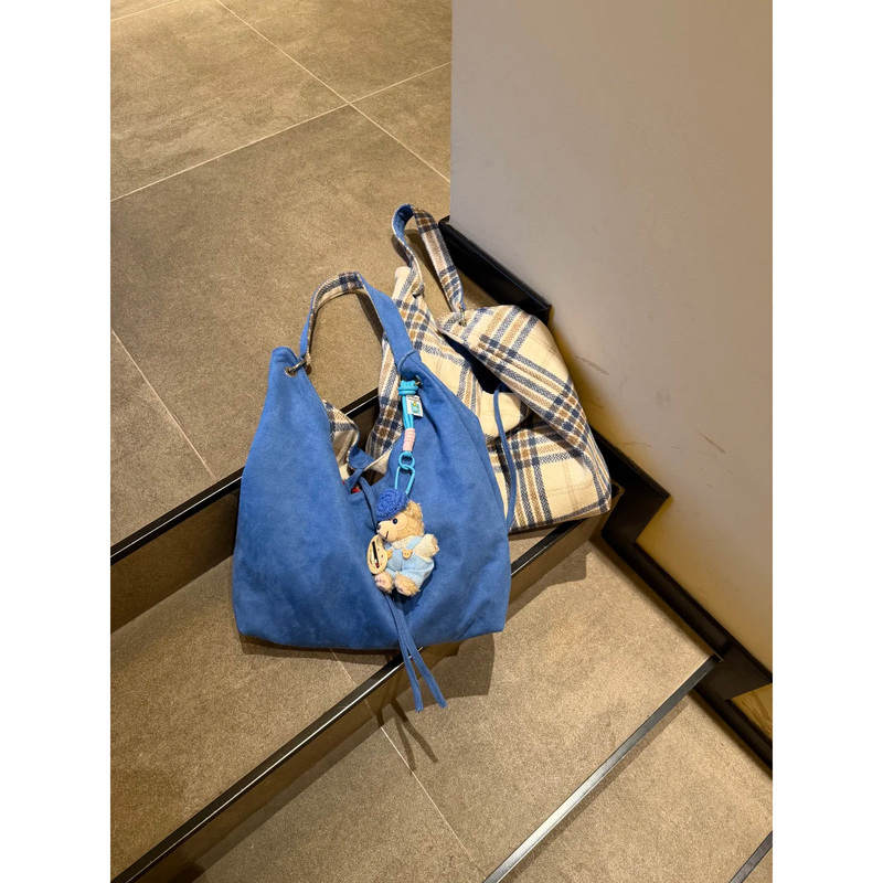 Cai Chen LAOSHU New Vintage Suede Patchwork Plaid Velvet Single Shoulder Underarm Bag for Women, Double-Sided Tote Bag