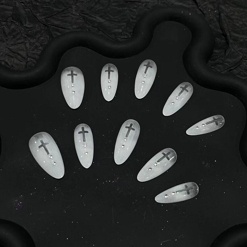 【Mie Mie】Purely Handmade Niche White Gradient Cross 2.0 Medium Almond Press-On Nails