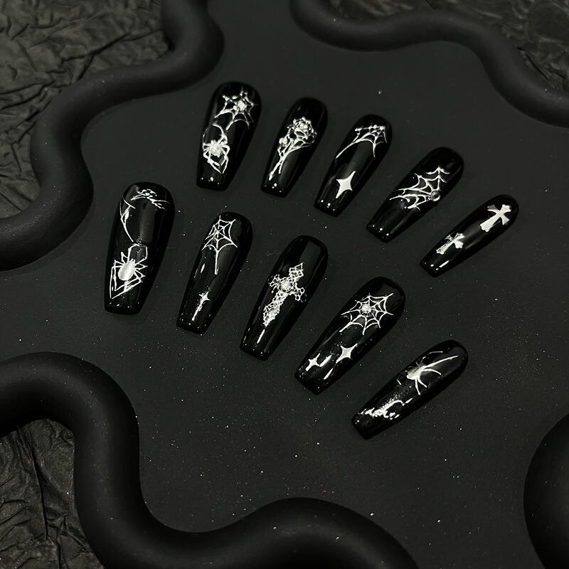 【Mie Mie】Purely Handmade Niche Black Spider Gothic Medium-Length Wearable Nail Art That Can Be Reused