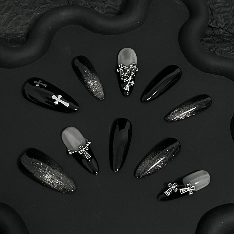 【Mie Mie】Purely Handmade Niche Black French-Style Cross Cat-Eye Original Long Pointed Oval Press-On Nails