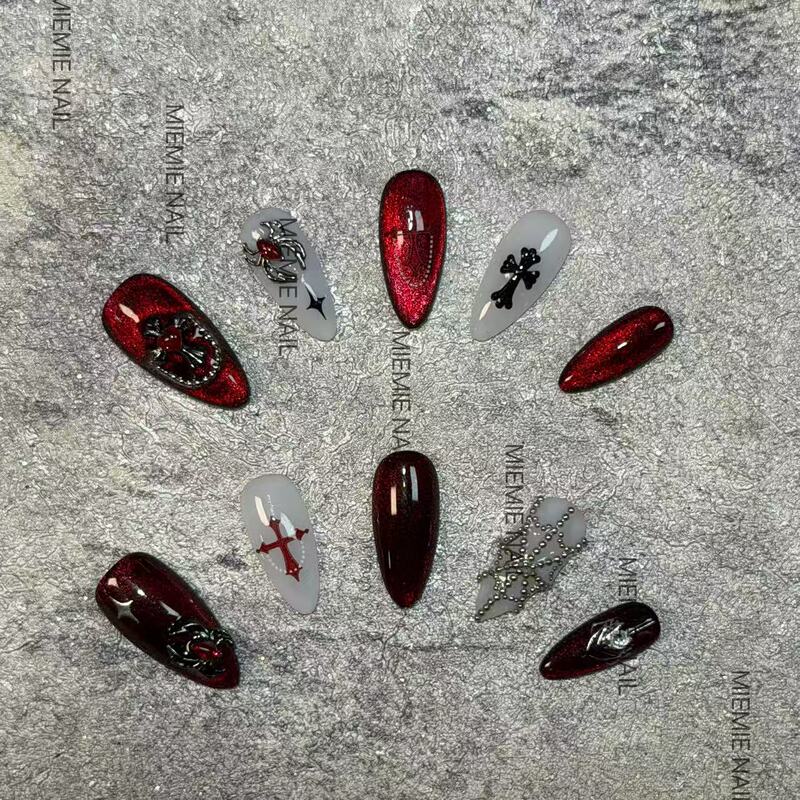 【Miemie】Purely Handmade Niche Red and Black Cat-Eye Cross Spider Gothic Style 2026 High-End Wearable Nails