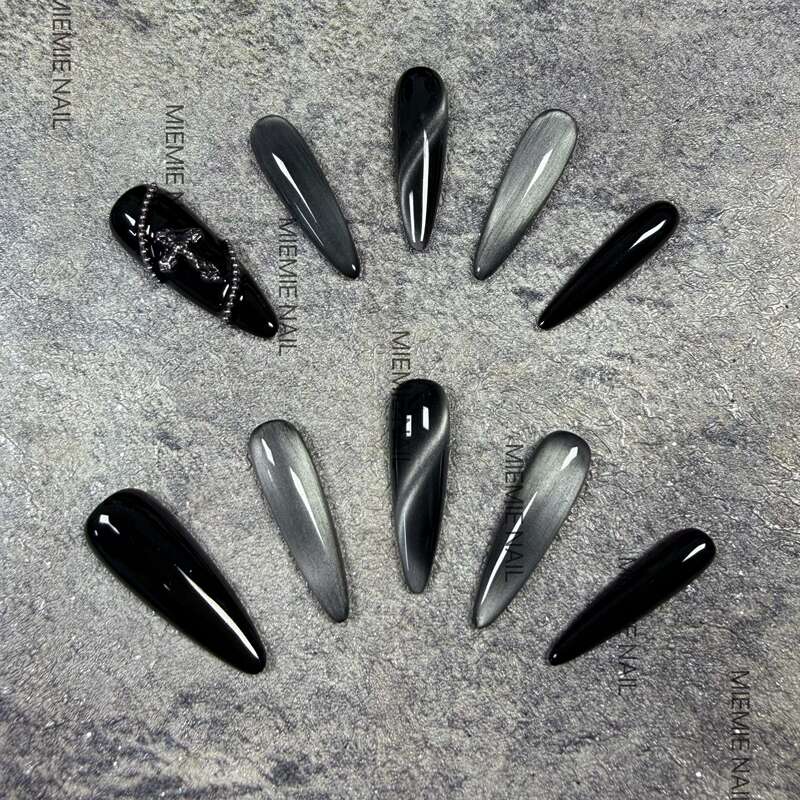 【Miemie】Purely Handmade Niche Black and Silver Cat Eye Cross Long Pointed Water Drop 2026 Dark Style Wearable Nails 【Miemie】Purely Handmade Niche Black and Silver Cat Eye Cross Long Pointed Water Drop 2026 Dark Style Wearable Nails