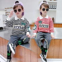 Boy suit Spring and autumn baby autumn clothes children 2022 new foreign air Two sets of children dress striped polo collar clothes