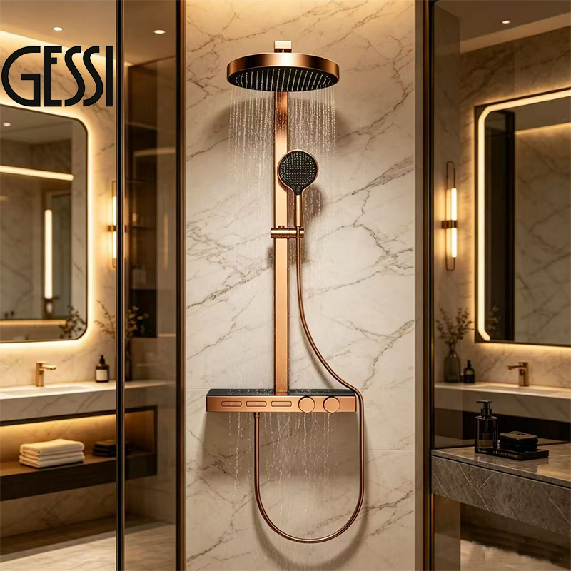 Gessi Italian All-Copper Thermostatic Exposed Wall-Mounted Rose Gold Bathroom Shower Head with Pressure Boosting