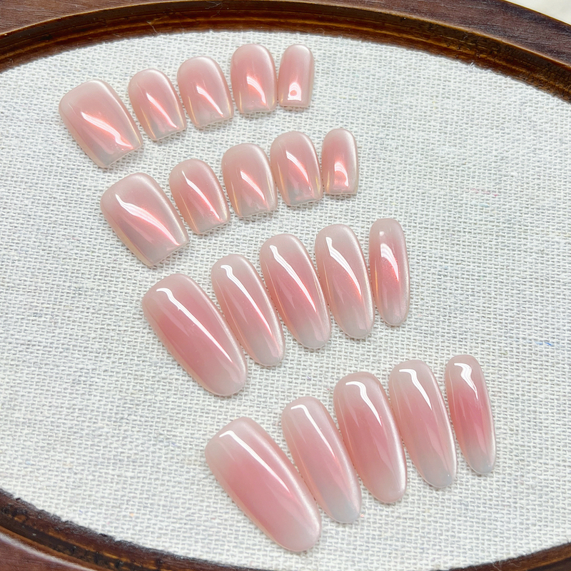 【Aurora Sunset】Aurora Gradient Blush Pink Cat Eye Handmade Wearable Nails High-End Simple Gentle Nail Stickers