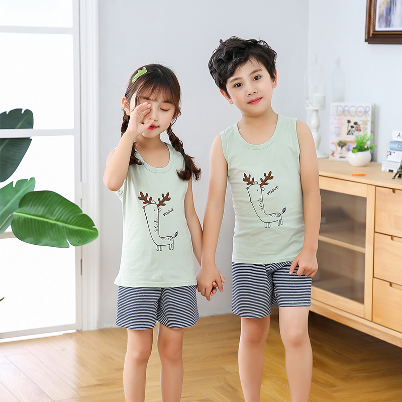 Childrens vest bộ mùa hè cotton in hoạt hình mỏng nam và nữ lao động trẻ em nhân vật không tay quần short áo hai mảnh bộ.