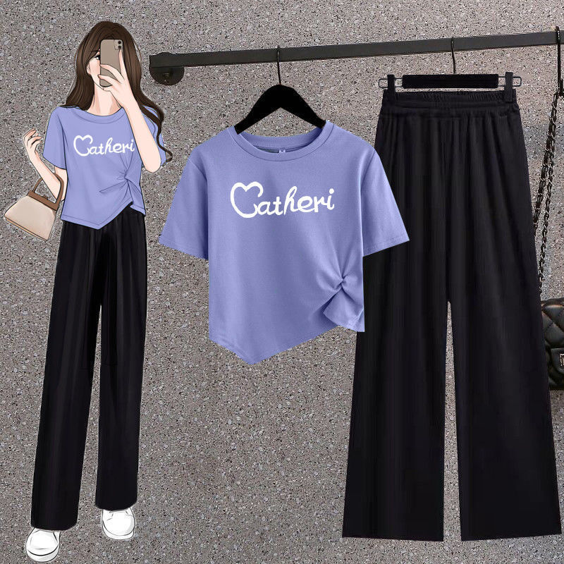Women's Summer Outfit 2026 New Irregular Short-Sleeve Loose Fit Cropped Wide-Leg Pants Casual Two-Piece Set Trendy