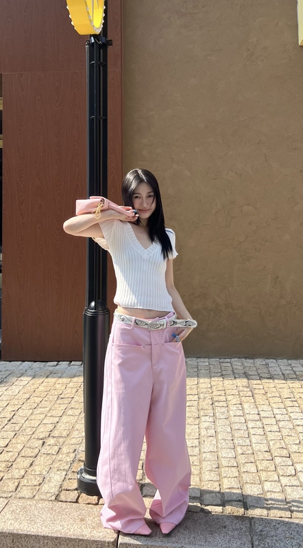 Gisky Spring and Summer Casual and Relaxed Style Pink Versatile Korean High-Waisted Slimming Straight-Leg Jeans Wide-Leg Pants