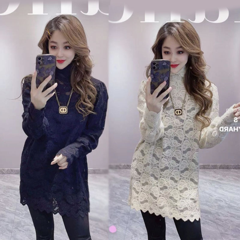 Brushed Lace Hollow-Out Blouse for Women, Mid-Length, 2025 Autumn and Winter New Style, Loose Fit, Slimming, Palace Style Base Shirt, Trendy Top