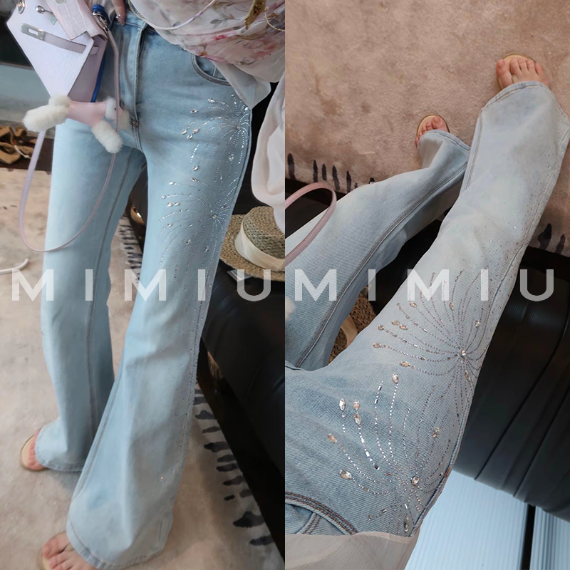 Yoululu Casual Rhinestone Fireworks Slim Fit Height-Enhancing Leg-Lengthening Straight-Leg Flared Jeans for Women, Mid-Waist Long Pants