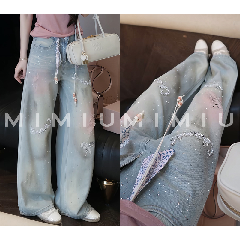 Yulu Lulan Tencel Cotton Blush Dirty Pants Beaded Wide-Leg Jeans for Women Summer Casual Loose Straight-Leg Long Pants Yulu Lulan Tencel Cotton Blush Dirty Pants Beaded Wide-Leg Jeans for Women Summer Casual Loose Straight-Leg Long Pants