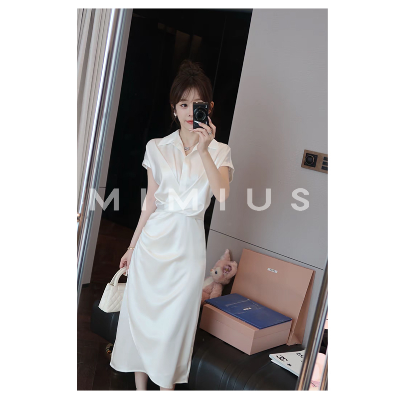 Yulu Acetate Satin French Design Lapel Twist Slim Fit Dress Women's Summer Elegant Long Dress Yulu Acetate Satin French Design Lapel Twist Slim Fit Dress Women's Summer Elegant Long Dress