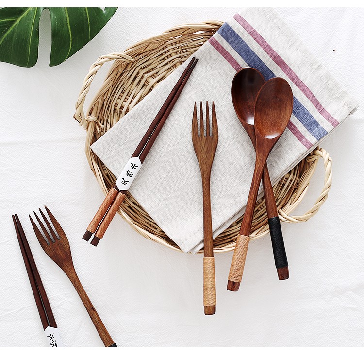 Phong cách Nhật Bản zakka và gió đũa gỗ rắn nĩa muỗng ba mảnh phù hợp bọc dây muỗng đũa gỗ - Đồ ăn tối bộ chén dĩa cao cấp