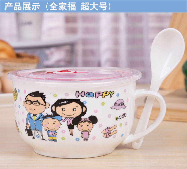 Bát mì ăn liền có nắp với thìa hoạt hình bát gốm chén bộ đồ ăn dễ thương đặt hộp cơm trưa cho học sinh - Hộp cơm điện sưởi ấm ủ cơm cắm điện