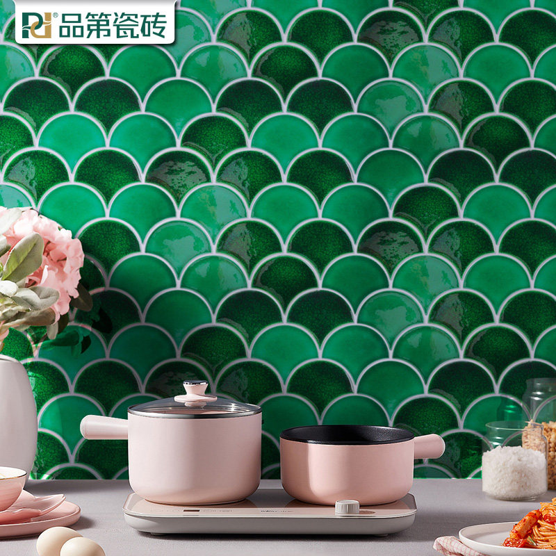 Nordic Fish Scale Tile Mosaic Ink Green Wall Brick Sector TV Background Wall Dressing Room Kilns handmade bricks