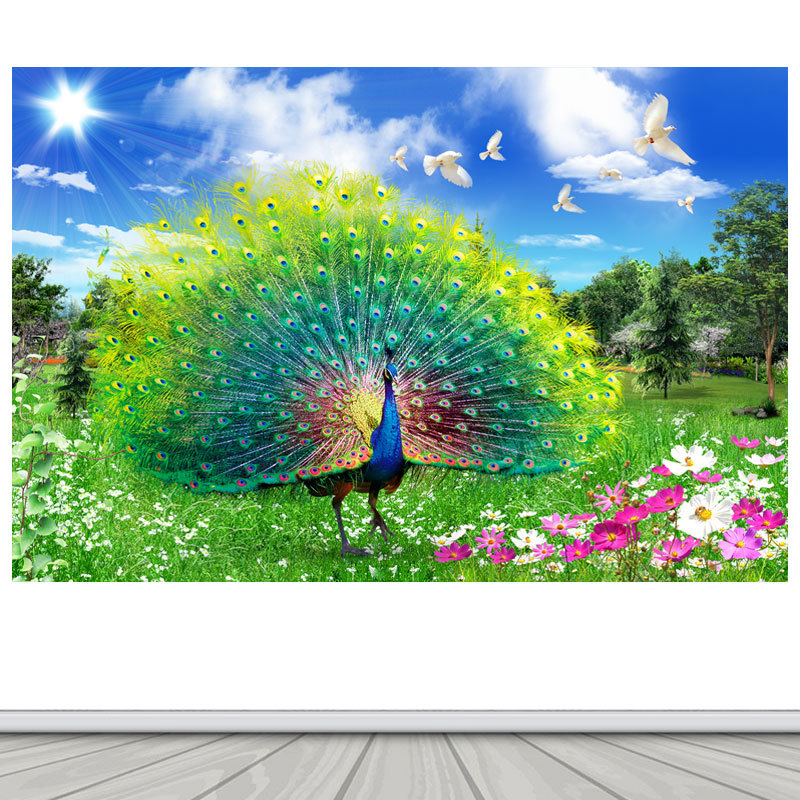 Peacock Spreading Its Tail Feathers, Beautiful and Fresh, Green Peacock Landscape Painting, Blue Sky, Grassland, Flowers, Birds, Trees Background, Self-Adhesive Decorative Painting Peacock Spreading Its Tail Feathers, Beautiful and Fresh, Green Peacock Landscape Painting, Blue Sky, Grassland, Flowers, Birds, Trees Background, Self-Adhesive Decorative Painting