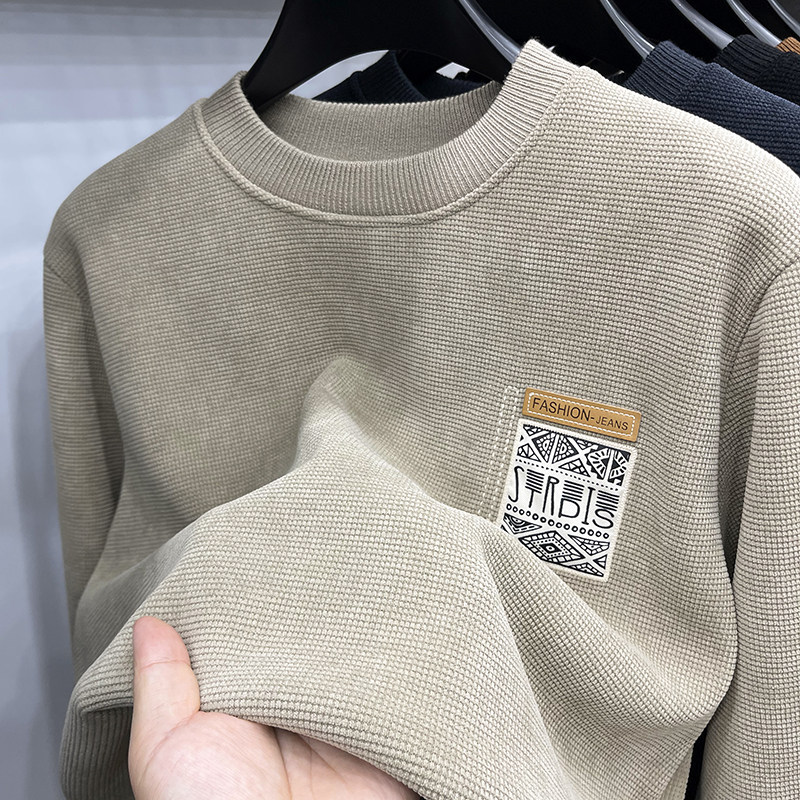2023 new winter clothing plus velvet clothing male hat-less thickened warm sweater with youth round collar bottom-shirt tide-Taobao