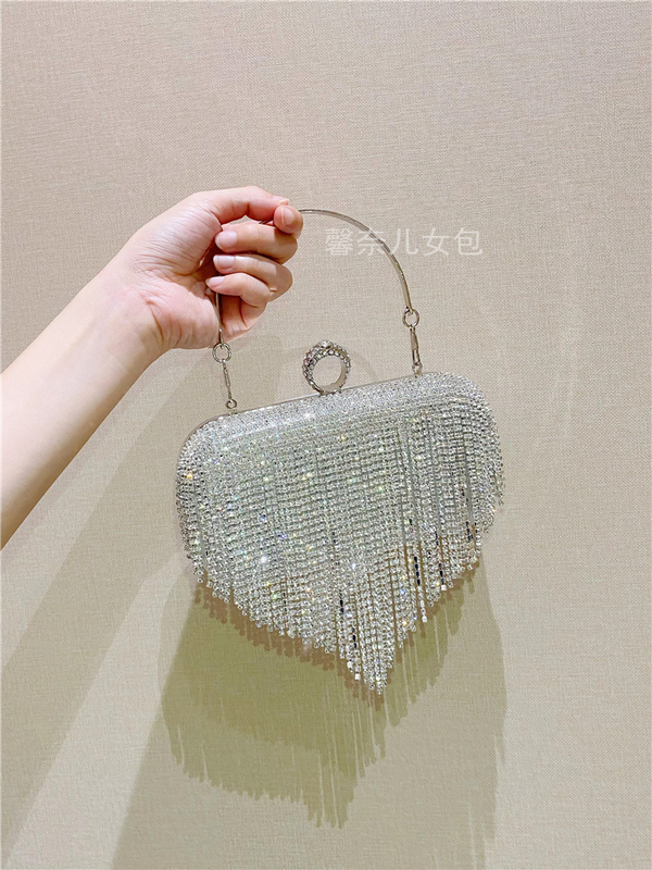 Tassel Rhinestone Bag, Silver Evening Dress Clutch, Tassel Rhinestone Bag, Silver Evening Dress Clutch, Diamond-Encrusted