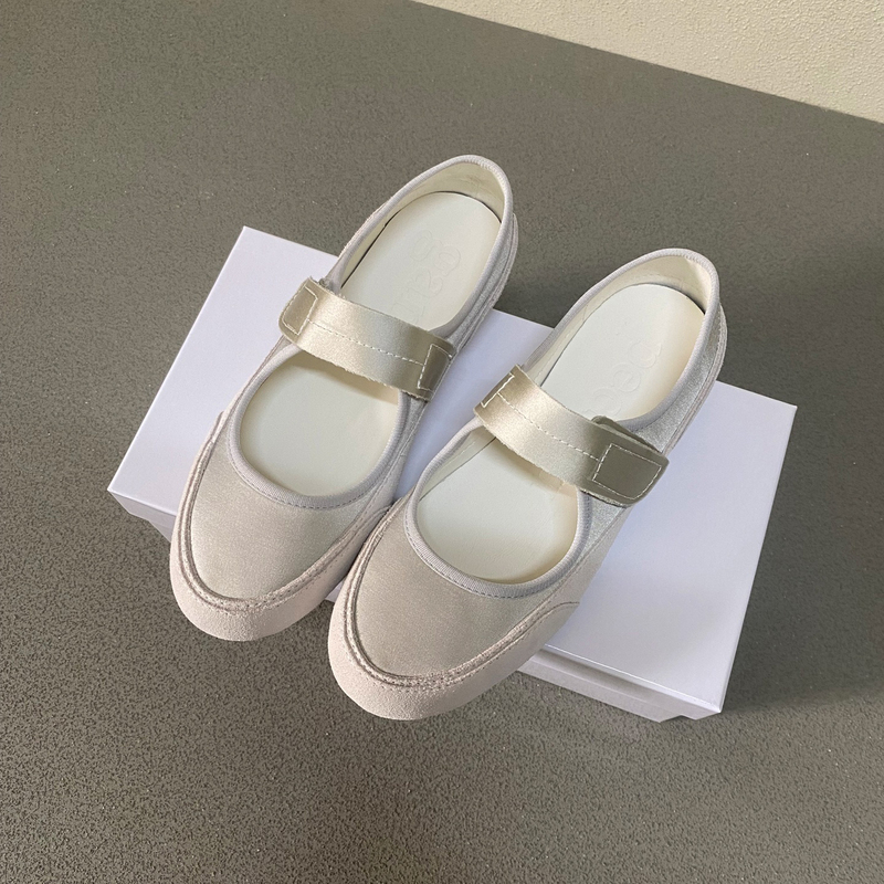 Super Soft! Spanish Niche Mary Jane Velcro Silk Satin White Shoes for Women, Flat Ballet Casual Shoes