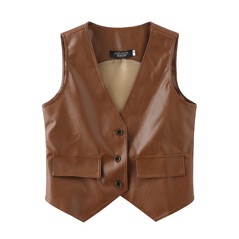 Brown Leather Suit Vest for Women, Fashionable Outerwear, Women's Vest, 2023 New Style for Women, Spring and Autumn Outerwear