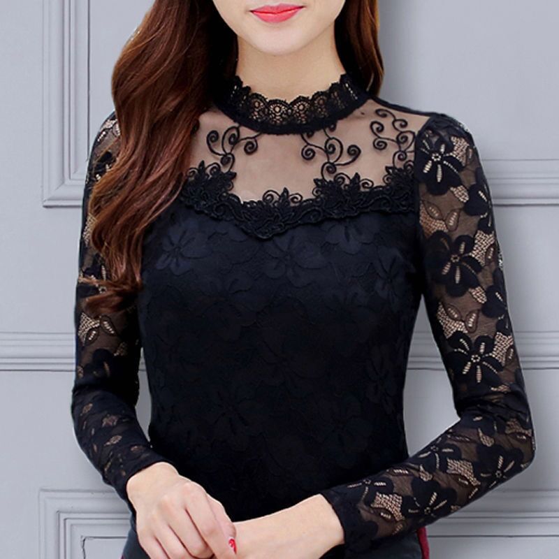 Thin/Thickened Lace Base Shirt for Women, Versatile for Autumn and Winter, Plus Size, Long-Sleeved, High-Neck, Hollow Mesh Top for Women Thin/Thickened Lace Base Shirt for Women, Versatile for Autumn and Winter, Plus Size, Long-Sleeved, High-Neck, Hollow Mesh Top for Women