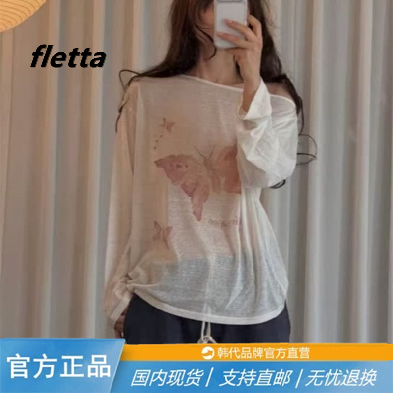 Korean Fletta Butterfly Print Off-Shoulder Slightly Exposed Shoulder Loose Lazy Sun Protection Blouse Long-Sleeved T-Shirt Women's Top