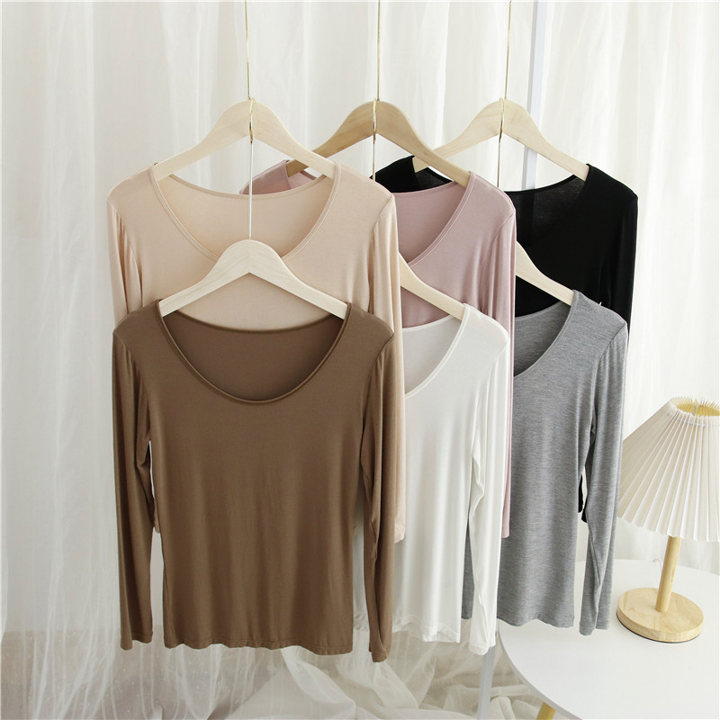 Modal Base Layer Shirt for Women, Spring and Autumn, Stylish Round Neck, Thin Outerwear Top, Long-Sleeve T-Shirt