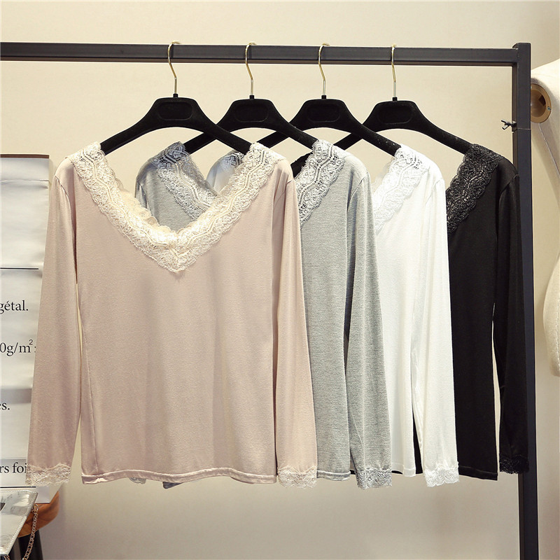Female autumn winter thin models Modale V collar bottom-shirt Long sleeves Large size Size Underwear single piece Autumn Clothes 100 Lace Lace t-shirt