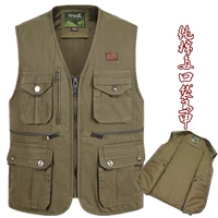 Mùa xuân và mùa thu nam và vest nữ cotton V-cổ vest cỡ lớn vai trung niên nhiều túi cotton vest nam áo vest nam tuổi 50