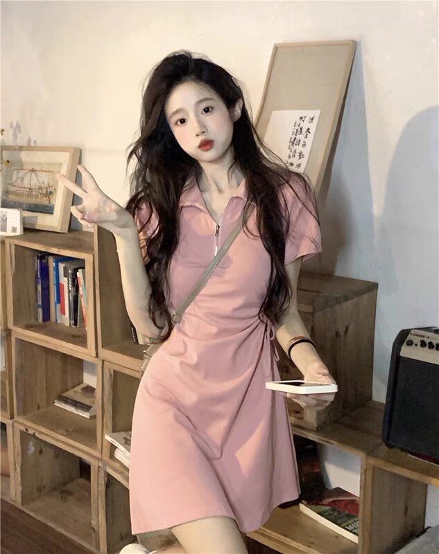 Pink Dress for Women, Summer Polo Collar, Waist-Cinching, Slimming, Sporty Style, Drawstring Short Skirt, French-Style Cinched Waist T-Shirt Dress Pink Dress for Women, Summer Polo Collar, Waist-Cinching, Slimming, Sporty Style, Drawstring Short Skirt, French-Style Cinched Waist T-Shirt Dress