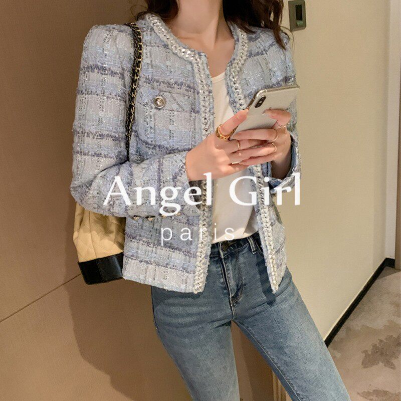 Sandro Mike blue little fragrant wind name Yuanyuan 2021 autumn coarse flower with jacket collection waist gentle and short blouses woman