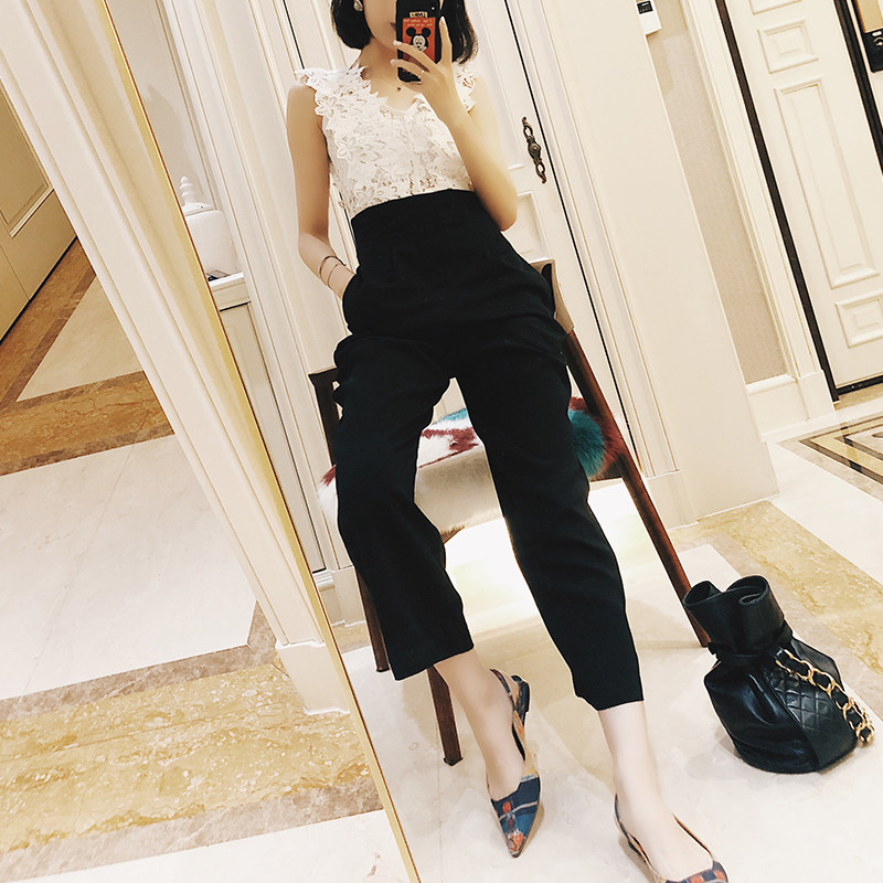Viimas ■ Spot casual long pants lace splicing 100 lap high waist display slim fit straight fit pants woman