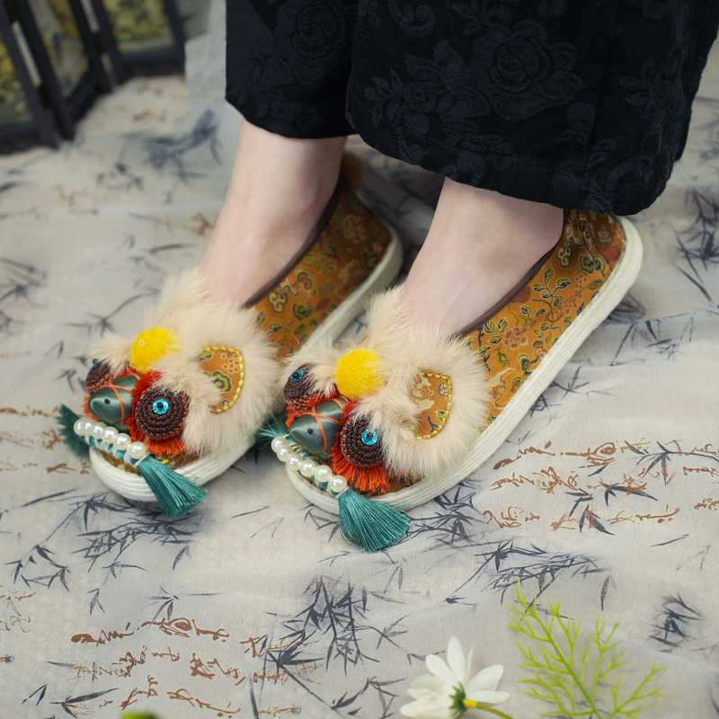 Today, Cherish the Ancient [Fu Manman] Traditional Thousand-Layer Sole Non-Woven Fabric Women's Single-Layer Shoes with Tiger Head Design, Ethnic Style, Comfortable and Breathable