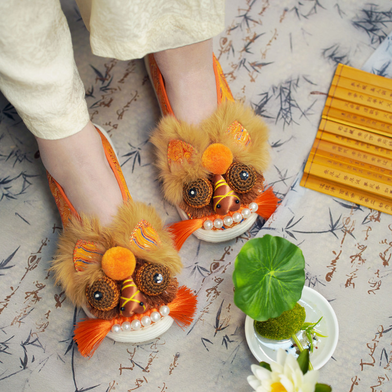 Jinxigu【Red Flame Tiger】Handmade Thousand-Layer Sole Intangible Cultural Heritage Cloth Shoes Tiger Head Ethnic Style Comfortable Versatile New Model