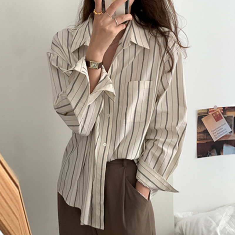 Layered Striped Shirt for Women, Spring and Autumn, Retro Hong Kong Style, Plus Size, Long-Sleeved Top, Loose, Lazy Style, Chic Shirt