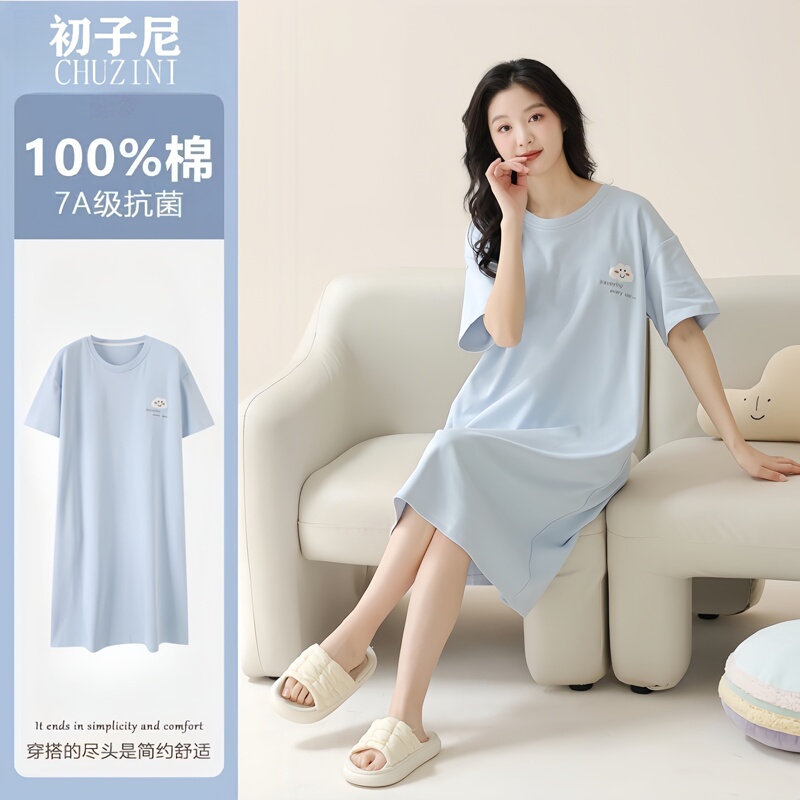 2026 Women's Summer Cotton Short-Sleeve Nightgown, Loose Thin Nightdress, Cool and Suitable for Wearing Outside as Loungewear 2026 Women's Summer Cotton Short-Sleeve Nightgown, Loose Thin Nightdress, Cool and Suitable for Wearing Outside as Loungewear