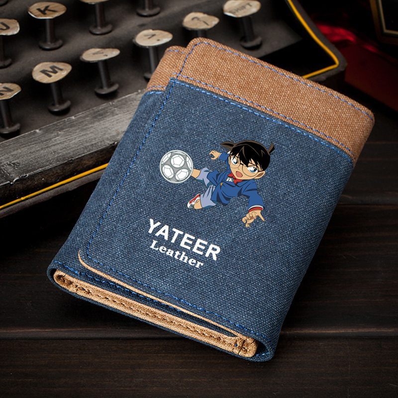 Detective Conan Anime Wallet Men's Short Denim Canvas Thin Wallet Japanese and Korean Style Youth Wallet with Multiple Card Slots for Students