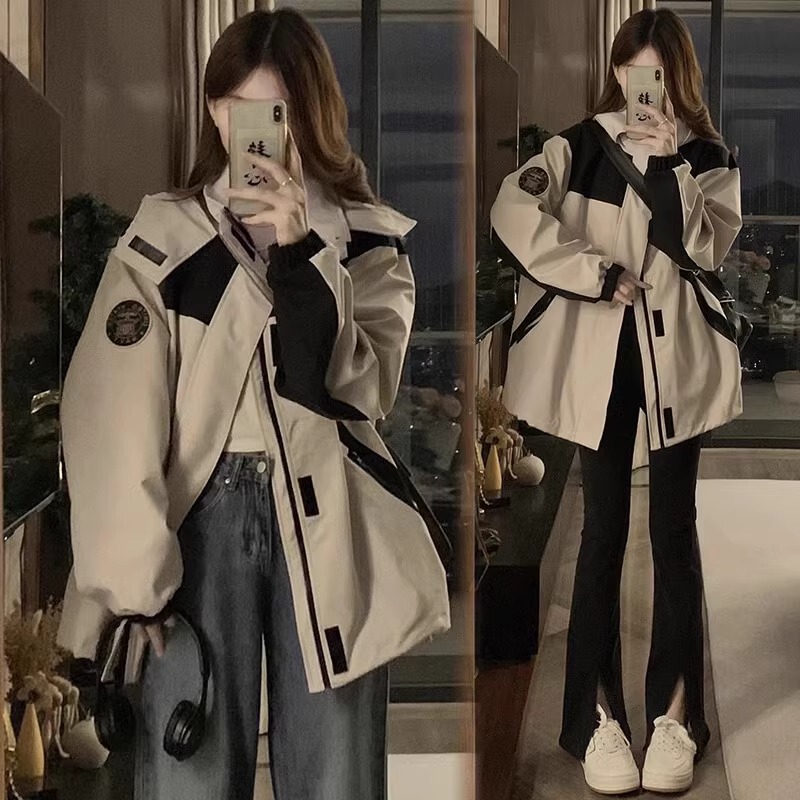 Plus-Size Workwear Jacket for Women, Spring and Autumn, American Casual Style, Windproof and Waterproof Trench Coat for Plus-Size Women 100kg Trendy