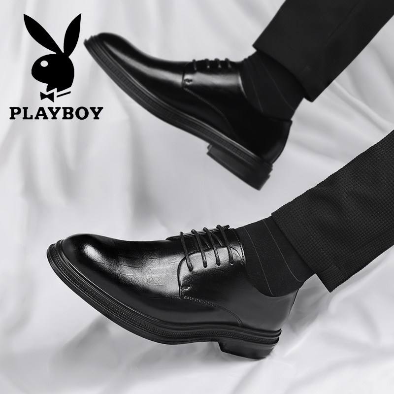 プレイボーイ メンズシューズ - 春秋 ブリティッシュスタイル ビジネス レースアップ フォーマル レザーシューズ、本革、インナーヒールウェッジ、結婚式 新郎用シューズ
