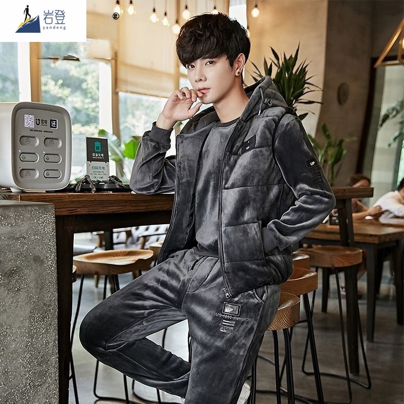 冬季男套装三件套金丝绒加绒加厚纯色套头圆领印花保暖外套男装